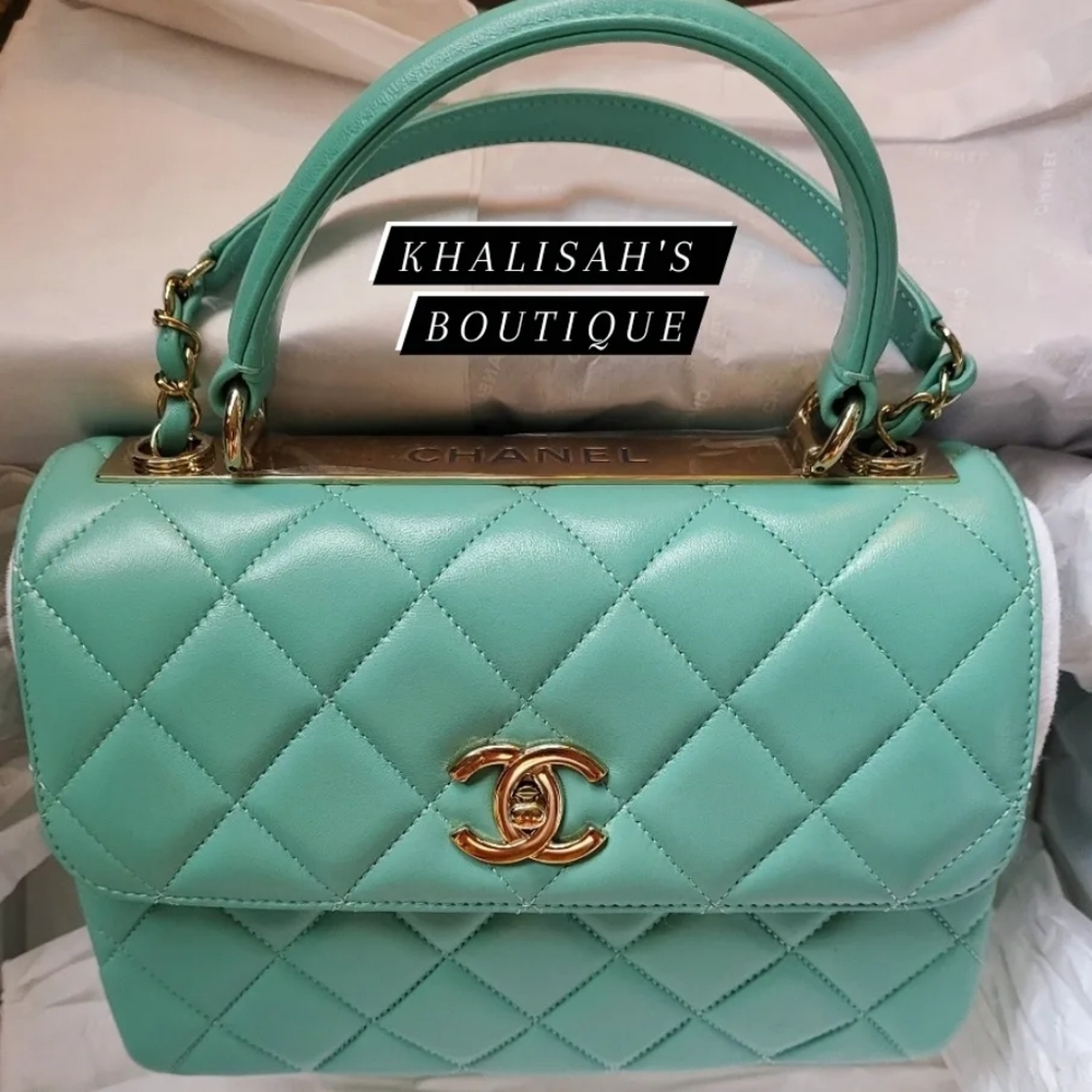 BNIB Very Rare Authentic Chanel Trendy CC 21S Tiffany Blue Gold Hardware Lambski - Picture 12 of 16